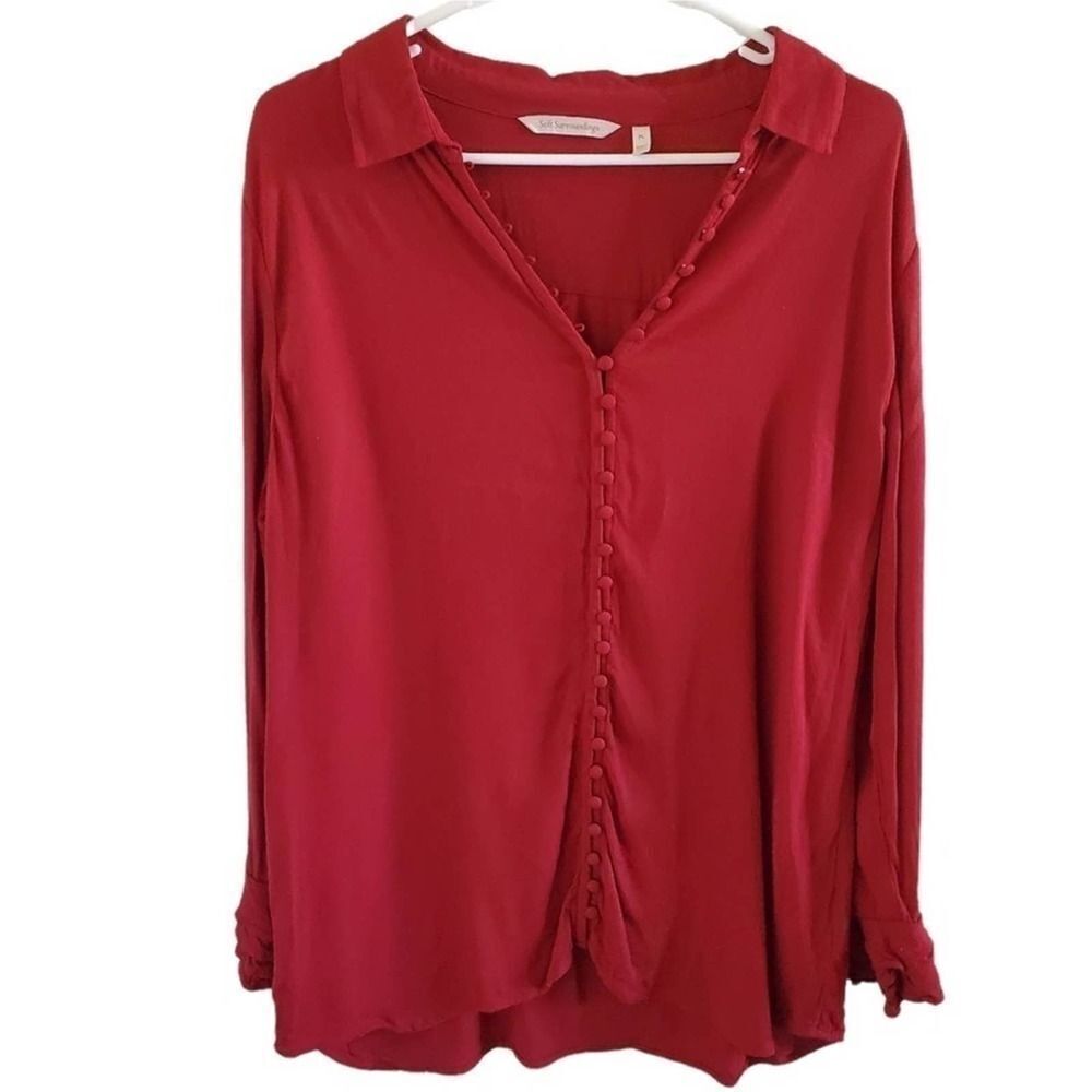 Soft Surroundings Red Poet Blouse Ruffle Sleeve Tunic Length Button Clos…